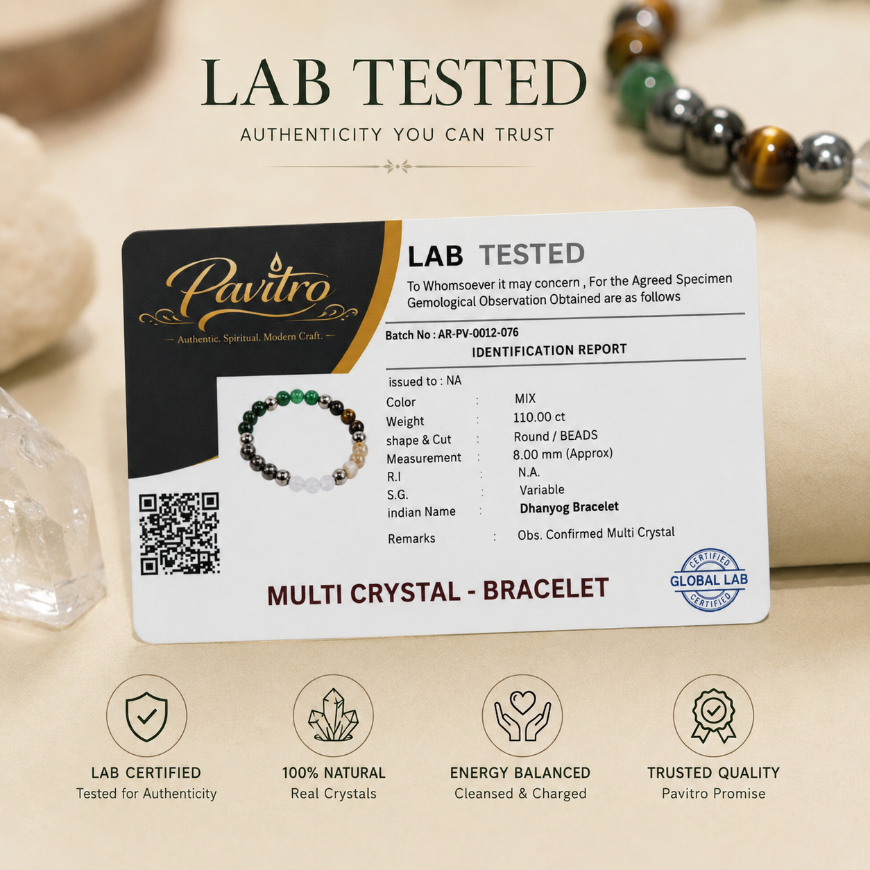 Dhan Yog Bracelet – Natural Crystal Bracelet for Prosperity & Positive Energy - Certified with Lab Test Report