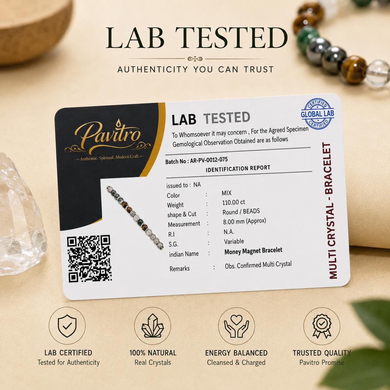 Pavitro Silver Dhan Yog Bracelet Natural Gemstones for Wealth - Certified with Lab Test Report